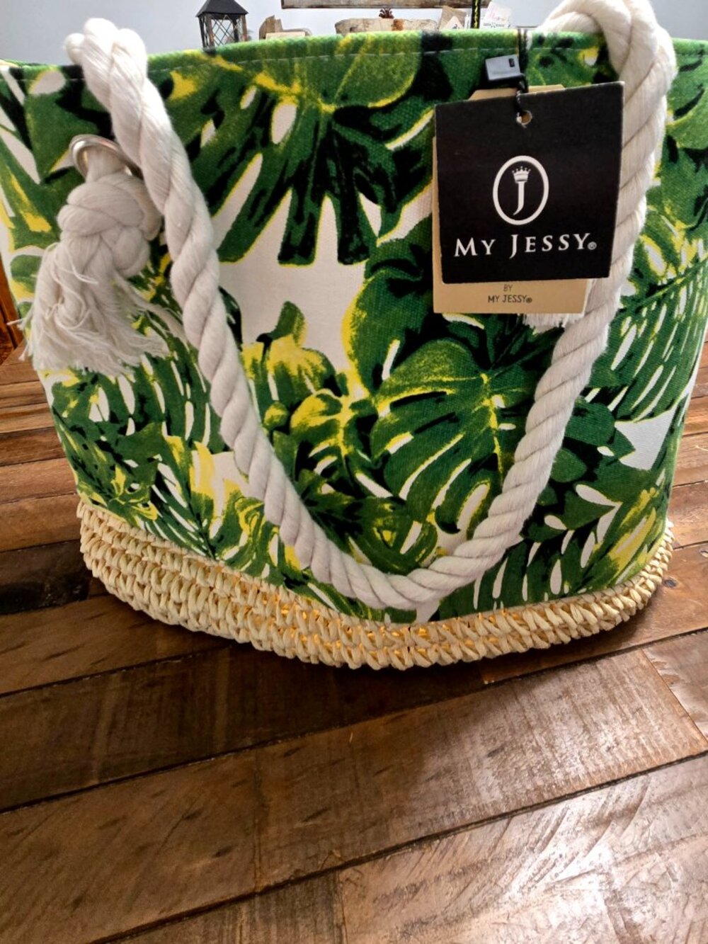 NWT My JessyT ote Beach Bag Tropical Monstera Leaf Straw  Rope Handle Coastal